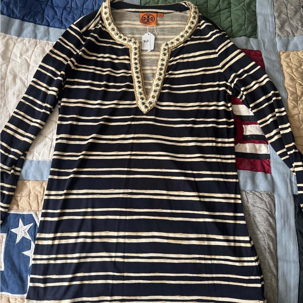 Tory Burch Kalvin Striped Navy and Cream Tunic